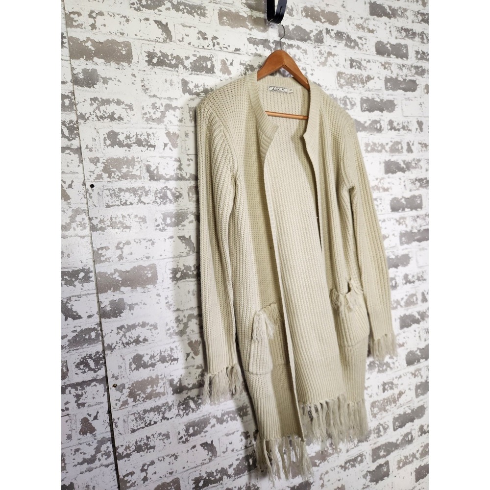 Boho Western Cardigan Beige Fringe Size Small Open Chunky Pockets - Picture 4 of 16